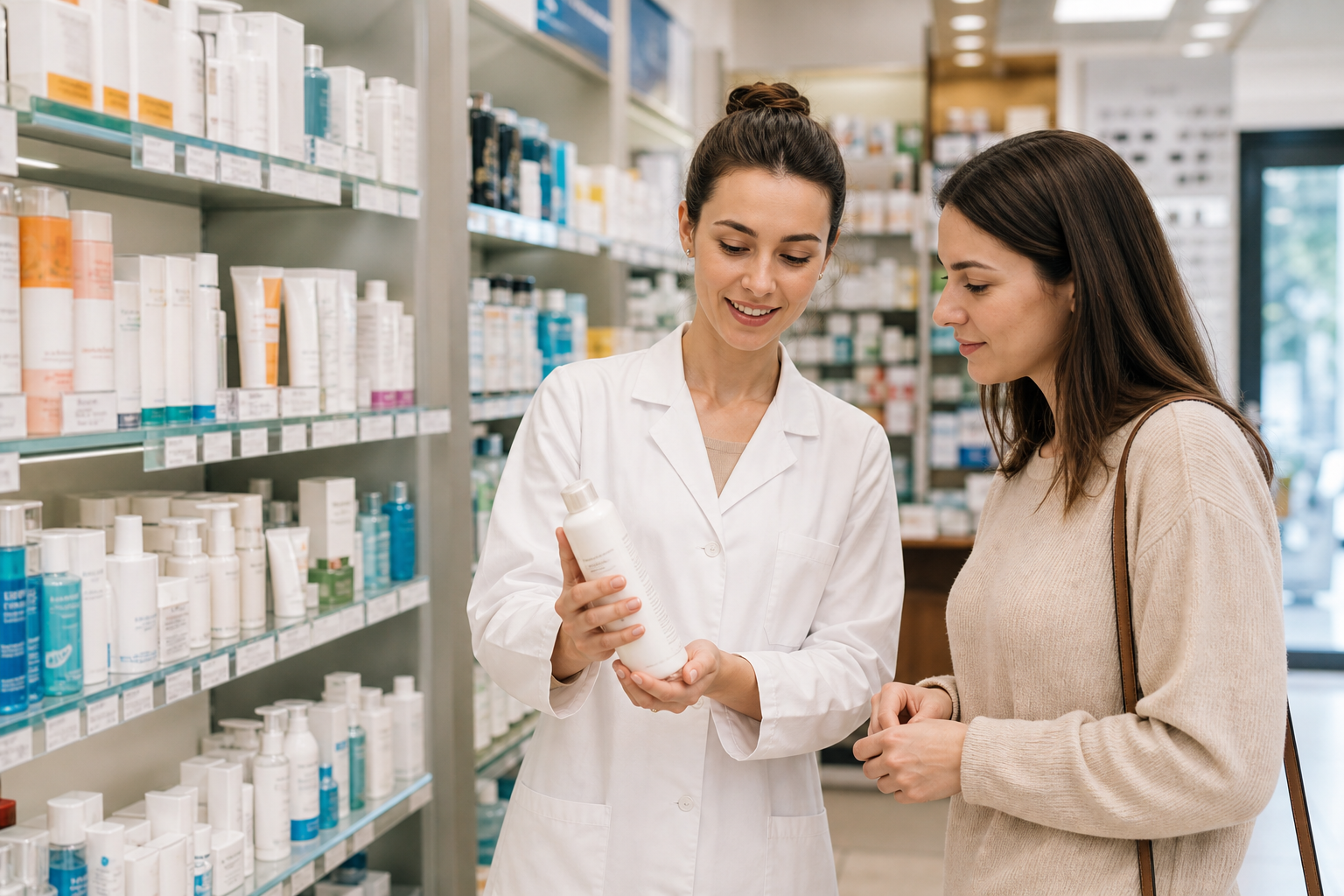Préparatrice en pharmacie conseillant une cliente dans un rayon de parapharmacie